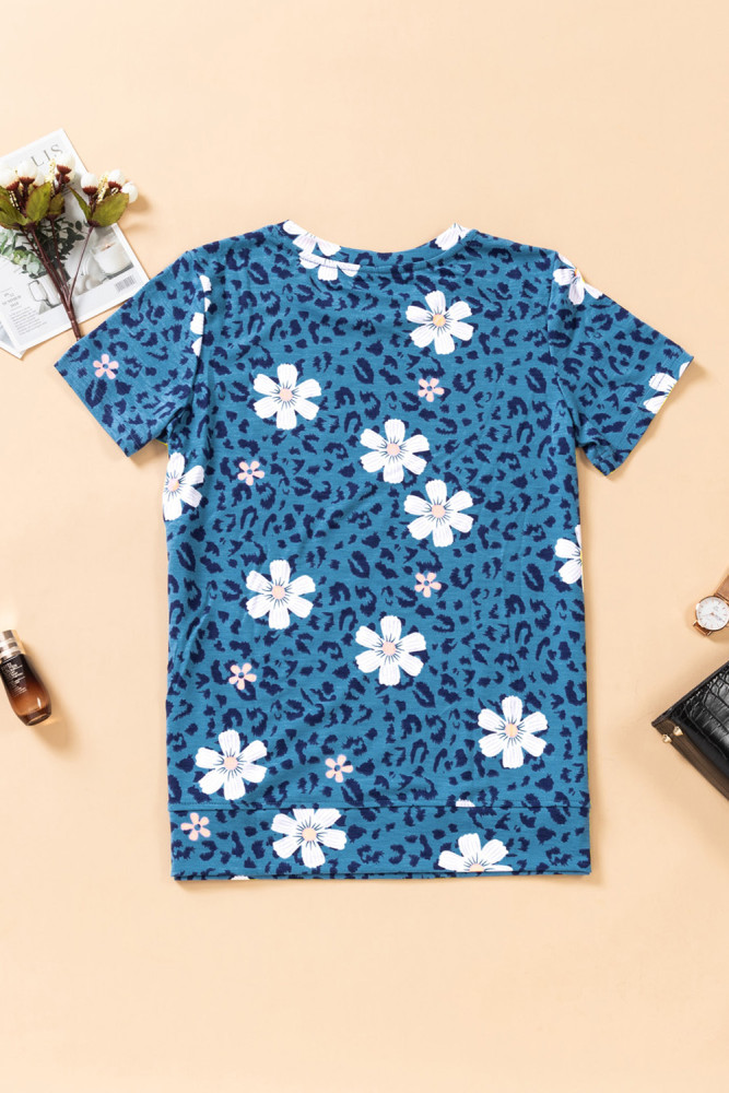 Floral T-shirt Womens Leopard Pattern Tee Tops