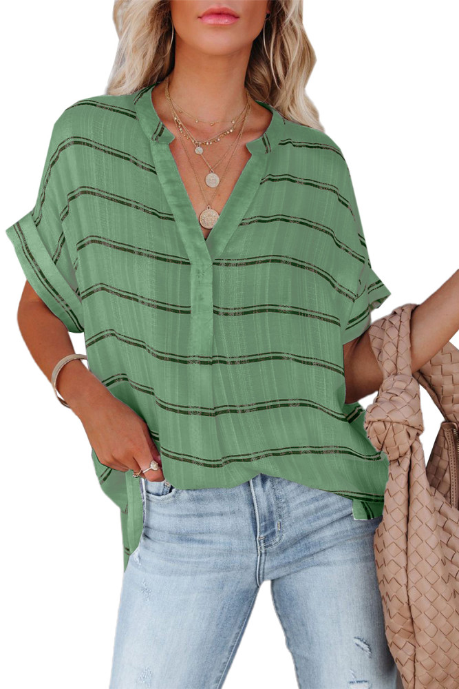 Striped Plaid Print Loose V Neck Short Sleeve Shirt with Slits