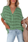 Striped Plaid Print Loose V Neck Short Sleeve Shirt with Slits