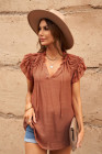 Ladies Tiered Ruffled Drawstring V Neck Blouse Top