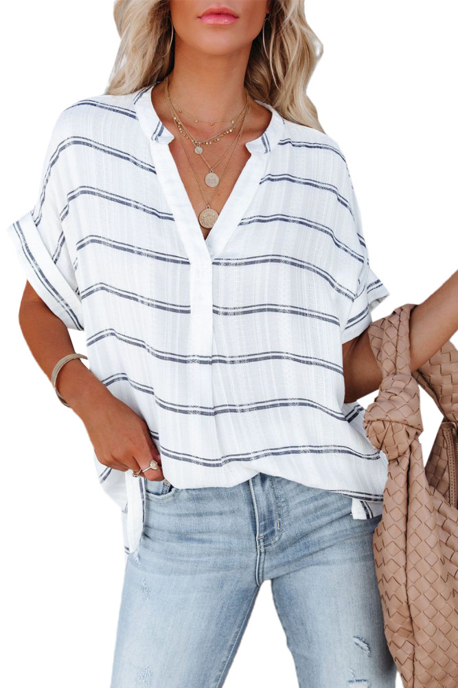 Striped Plaid Print Loose V Neck Short Sleeve Shirt with Slits