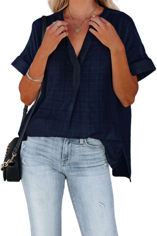 Striped Plaid Print Loose V Neck Short Sleeve Shirt with Slits