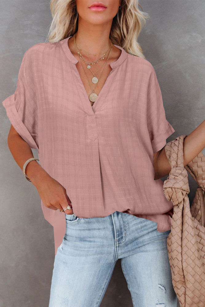 Striped Plaid Print Loose V Neck Short Sleeve Shirt with Slits