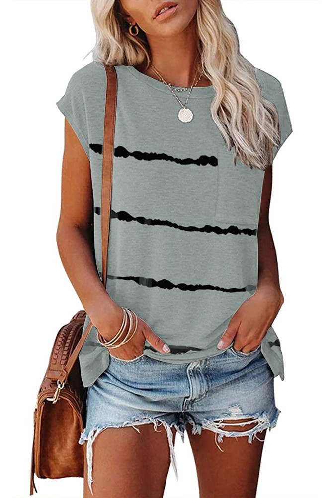 Womens Ombre Tie-dye Cap Sleeve T-Shirt with Pocket