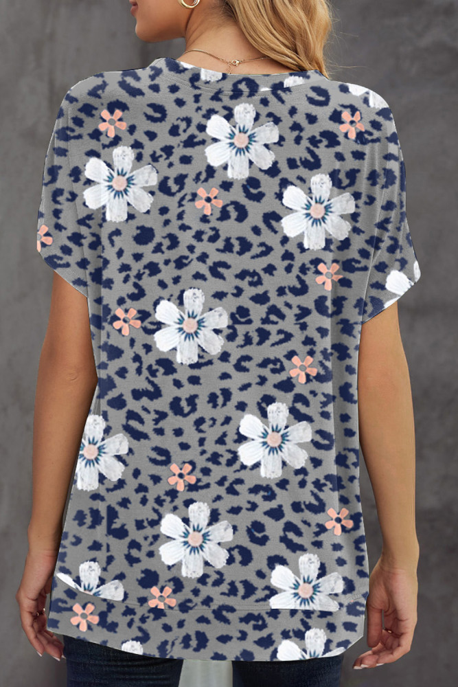 Floral T-shirt Womens Leopard Pattern Tee Tops