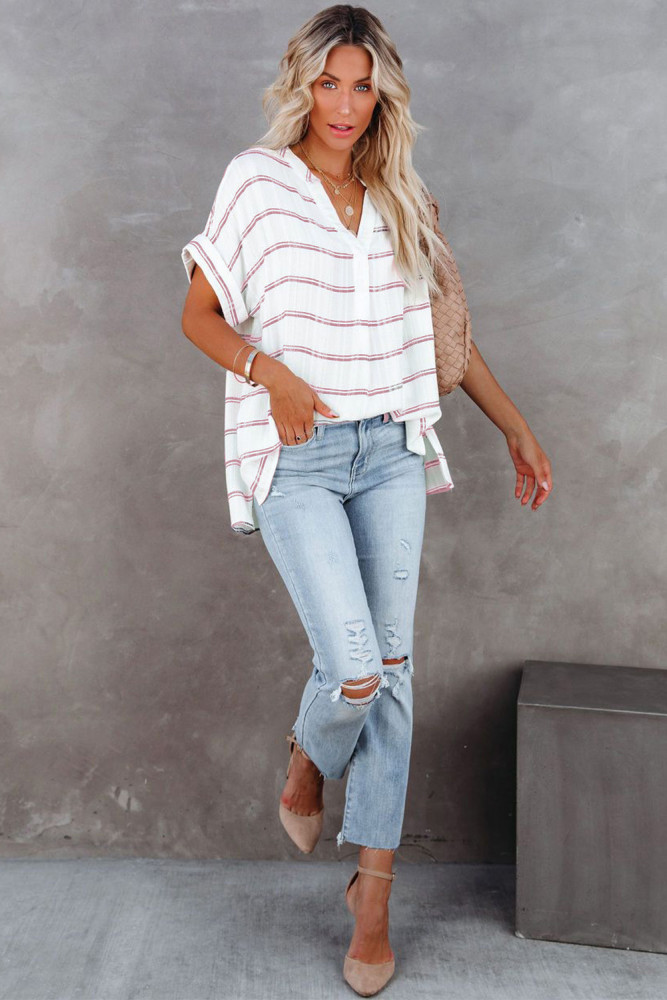 Striped Plaid Print Loose V Neck Short Sleeve Shirt with Slits