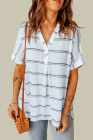 Striped Plaid Print Loose V Neck Short Sleeve Shirt with Slits