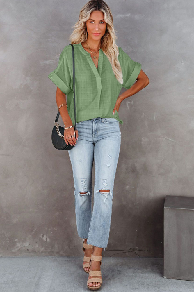 Striped Plaid Print Loose V Neck Short Sleeve Shirt with Slits