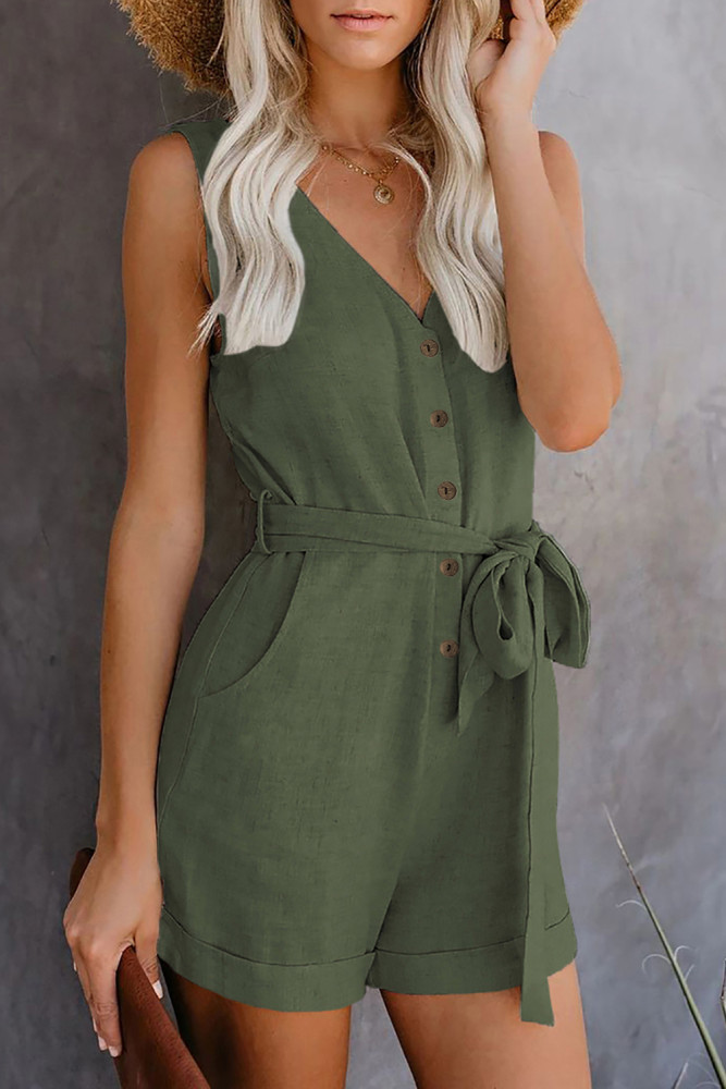Women's V Neck Jumpsuits Sleeveless Romper Button Short Jumpsuit