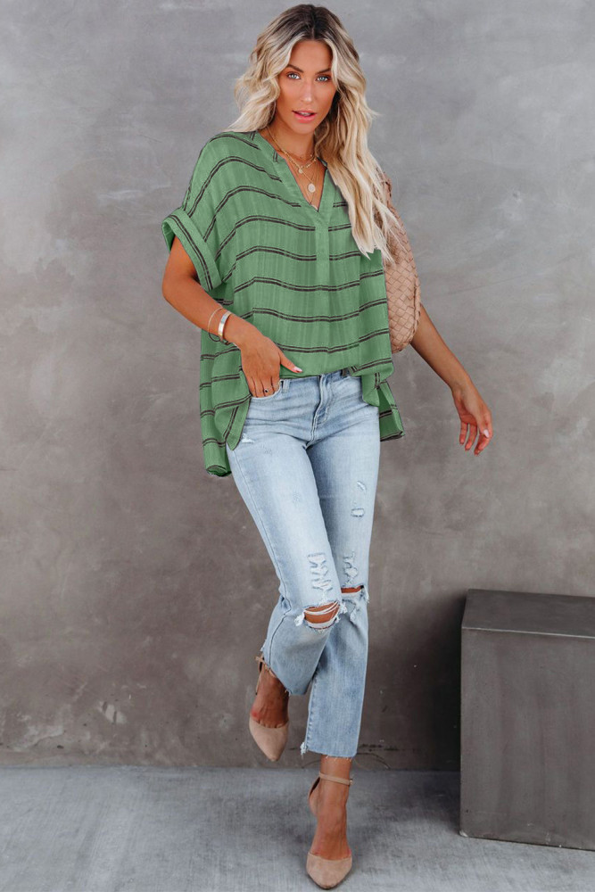 Striped Plaid Print Loose V Neck Short Sleeve Shirt with Slits