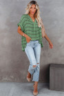 Striped Plaid Print Loose V Neck Short Sleeve Shirt with Slits