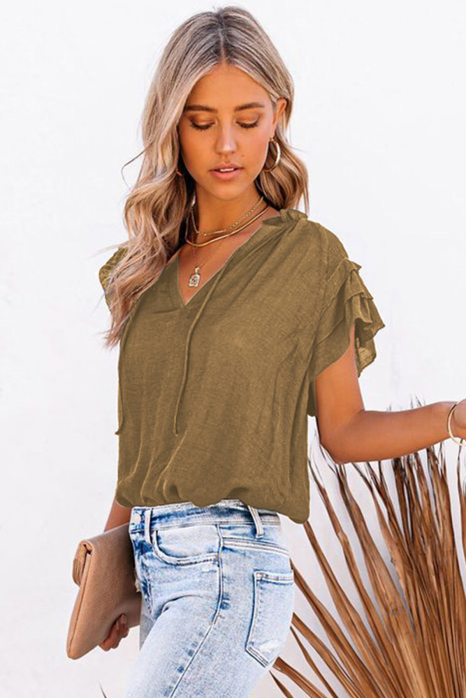 Ladies Tiered Ruffled Drawstring V Neck Blouse Top
