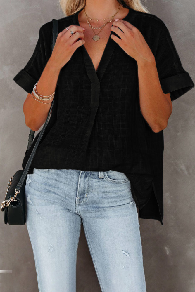 Striped Plaid Print Loose V Neck Short Sleeve Shirt with Slits