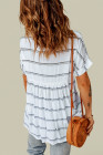 Striped Plaid Print Loose V Neck Short Sleeve Shirt with Slits