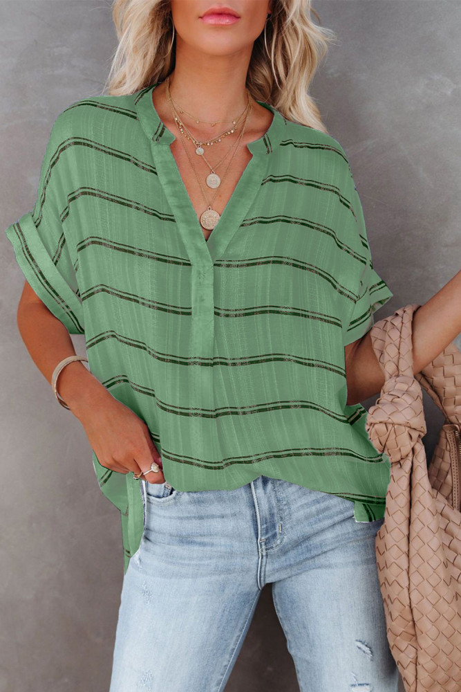 Striped Plaid Print Loose V Neck Short Sleeve Shirt with Slits