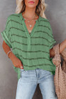 Striped Plaid Print Loose V Neck Short Sleeve Shirt with Slits