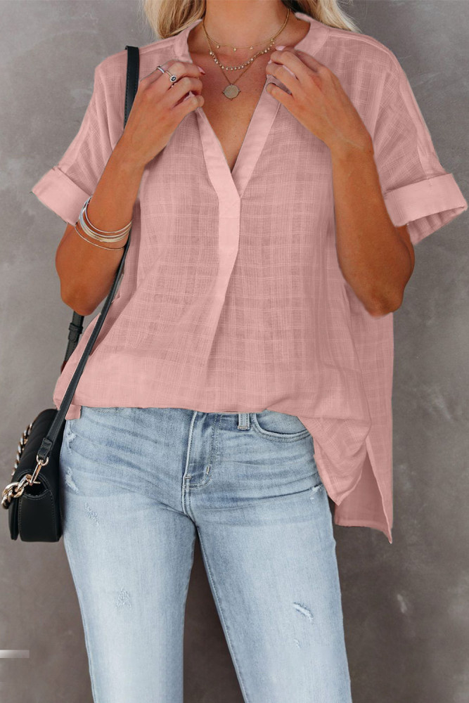 Striped Plaid Print Loose V Neck Short Sleeve Shirt with Slits