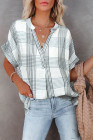 Striped Plaid Print Loose V Neck Short Sleeve Shirt with Slits