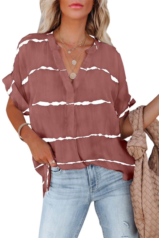 Striped Plaid Print Loose V Neck Short Sleeve Shirt with Slits