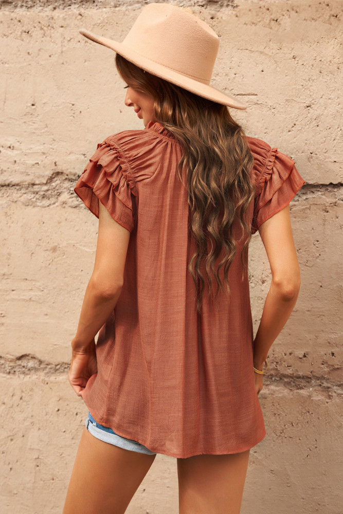 Ladies Tiered Ruffled Drawstring V Neck Blouse Top