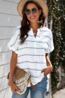 Striped Plaid Print Loose V Neck Short Sleeve Shirt with Slits