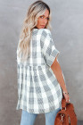 Striped Plaid Print Loose V Neck Short Sleeve Shirt with Slits
