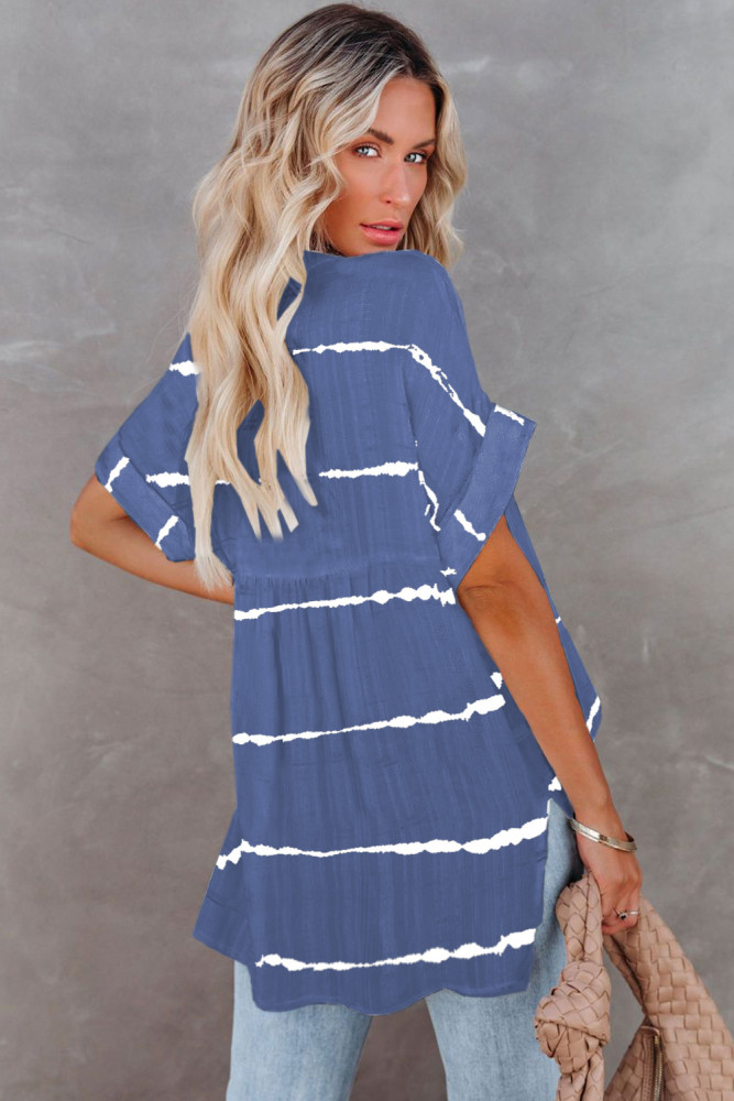 Striped Plaid Print Loose V Neck Short Sleeve Shirt with Slits