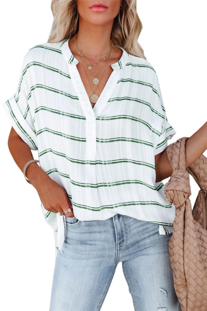 Striped Plaid Print Loose V Neck Short Sleeve Shirt with Slits