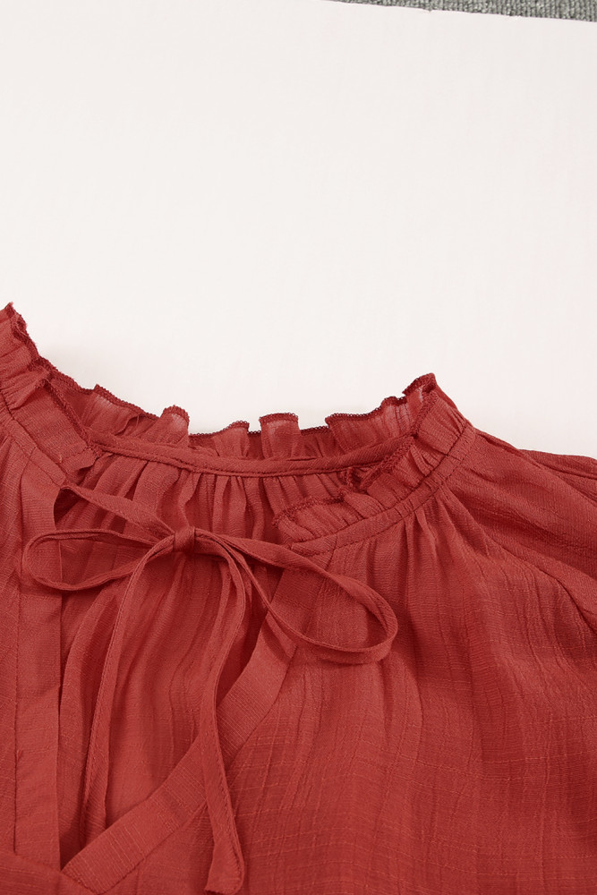 Ladies Tiered Ruffled Drawstring V Neck Blouse Top