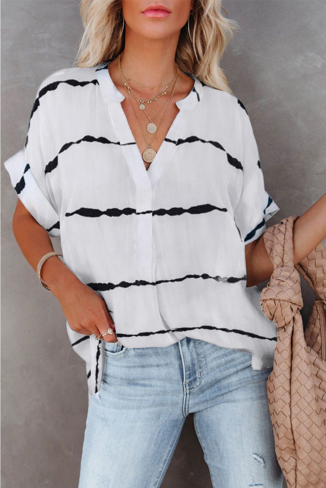 Striped Plaid Print Loose V Neck Short Sleeve Shirt with Slits
