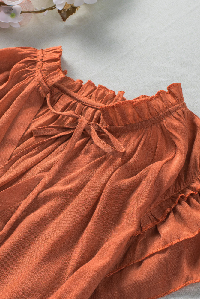 Ladies Tiered Ruffled Drawstring V Neck Blouse Top