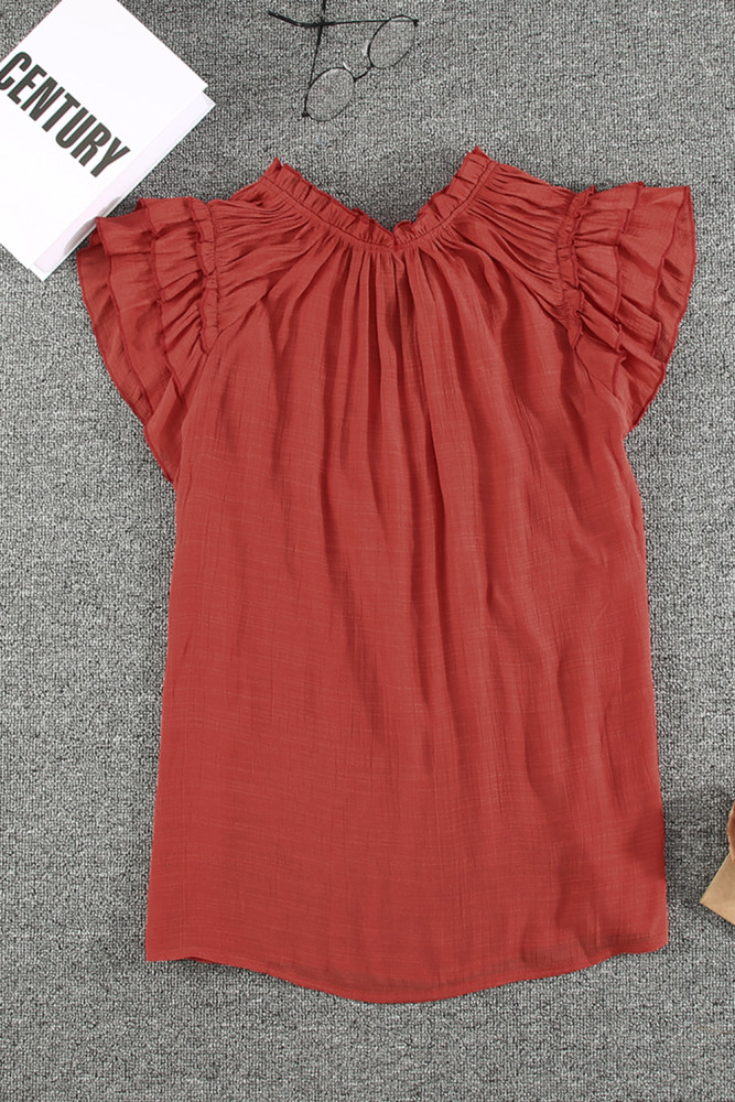 Ladies Tiered Ruffled Drawstring V Neck Blouse Top