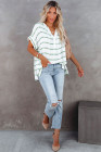 Striped Plaid Print Loose V Neck Short Sleeve Shirt with Slits