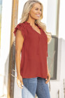 Ladies Tiered Ruffled Drawstring V Neck Blouse Top