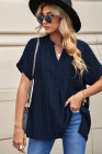 Striped Plaid Print Loose V Neck Short Sleeve Shirt with Slits