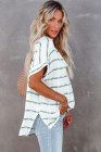 Striped Plaid Print Loose V Neck Short Sleeve Shirt with Slits