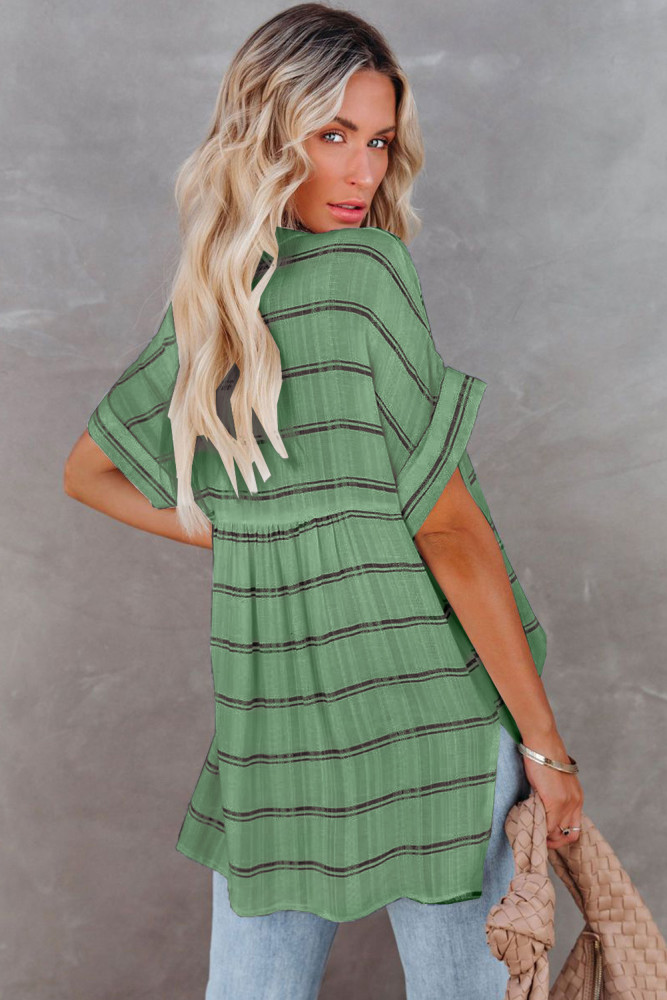 Striped Plaid Print Loose V Neck Short Sleeve Shirt with Slits