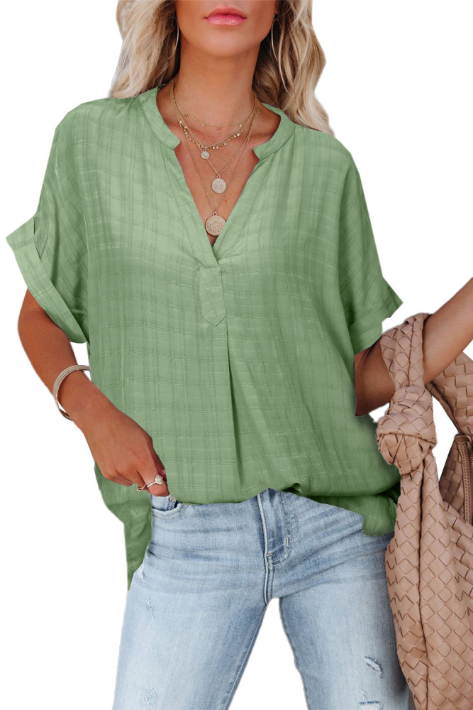 Striped Plaid Print Loose V Neck Short Sleeve Shirt with Slits