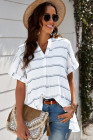 Striped Plaid Print Loose V Neck Short Sleeve Shirt with Slits