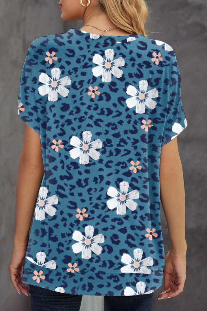 Floral T-shirt Womens Leopard Pattern Tee Tops
