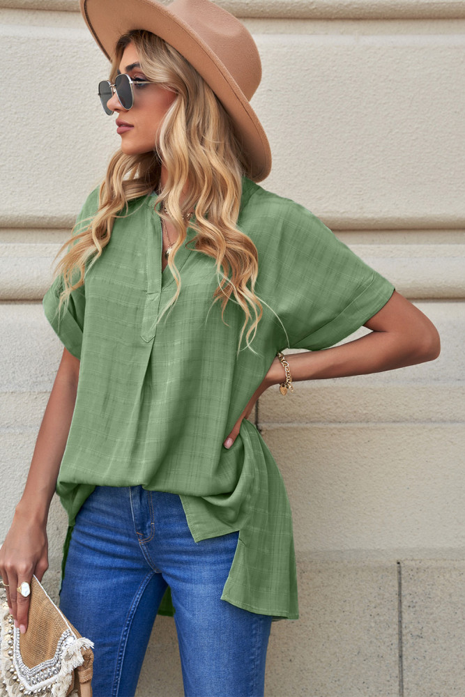 Striped Plaid Print Loose V Neck Short Sleeve Shirt with Slits