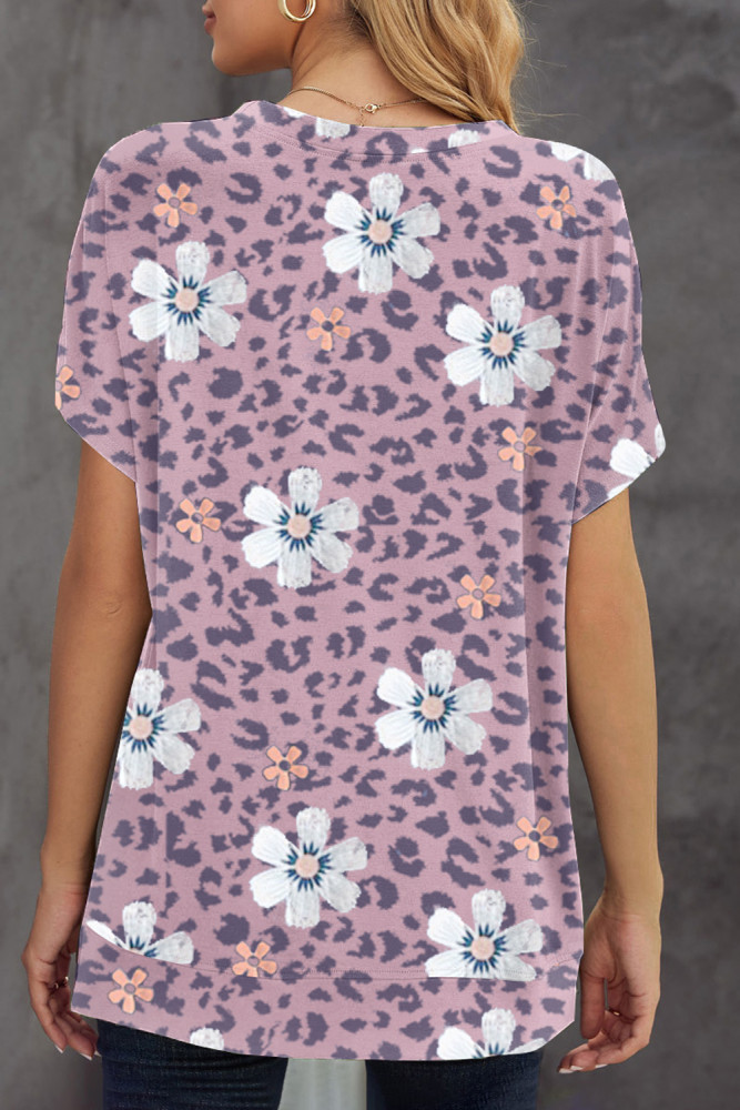 Floral T-shirt Womens Leopard Pattern Tee Tops