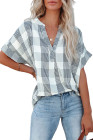 Striped Plaid Print Loose V Neck Short Sleeve Shirt with Slits