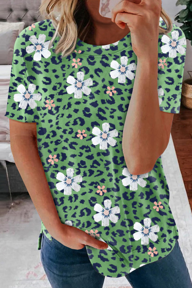 Floral T-shirt Womens Leopard Pattern Tee Tops