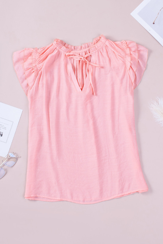 Ladies Tiered Ruffled Drawstring V Neck Blouse Top