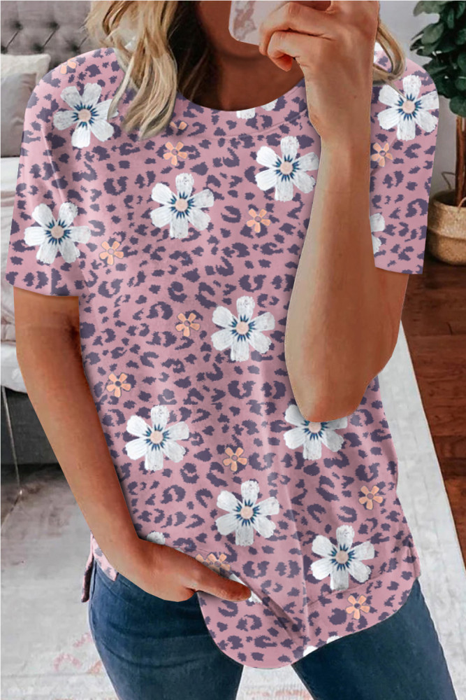 Floral T-shirt Womens Leopard Pattern Tee Tops