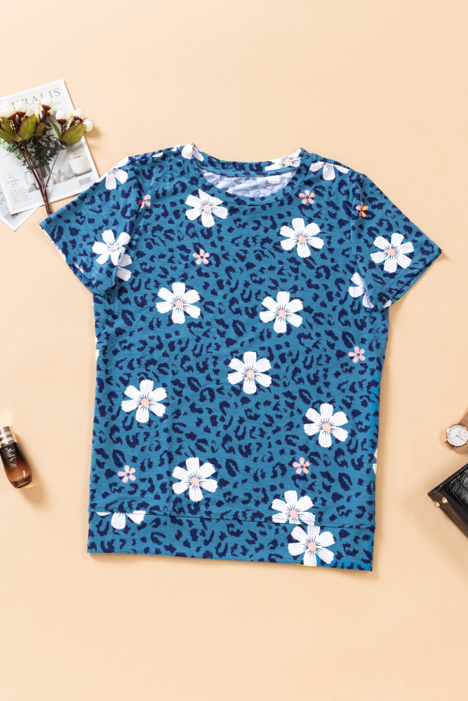 Floral T-shirt Womens Leopard Pattern Tee Tops