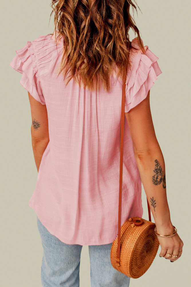Ladies Tiered Ruffled Drawstring V Neck Blouse Top