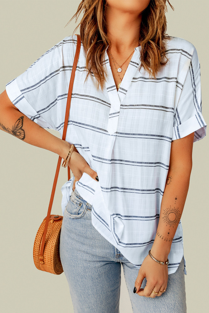 Striped Plaid Print Loose V Neck Short Sleeve Shirt with Slits