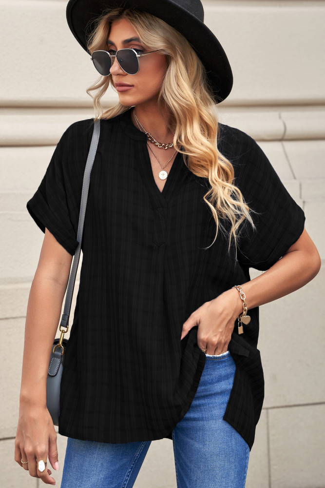 Striped Plaid Print Loose V Neck Short Sleeve Shirt with Slits